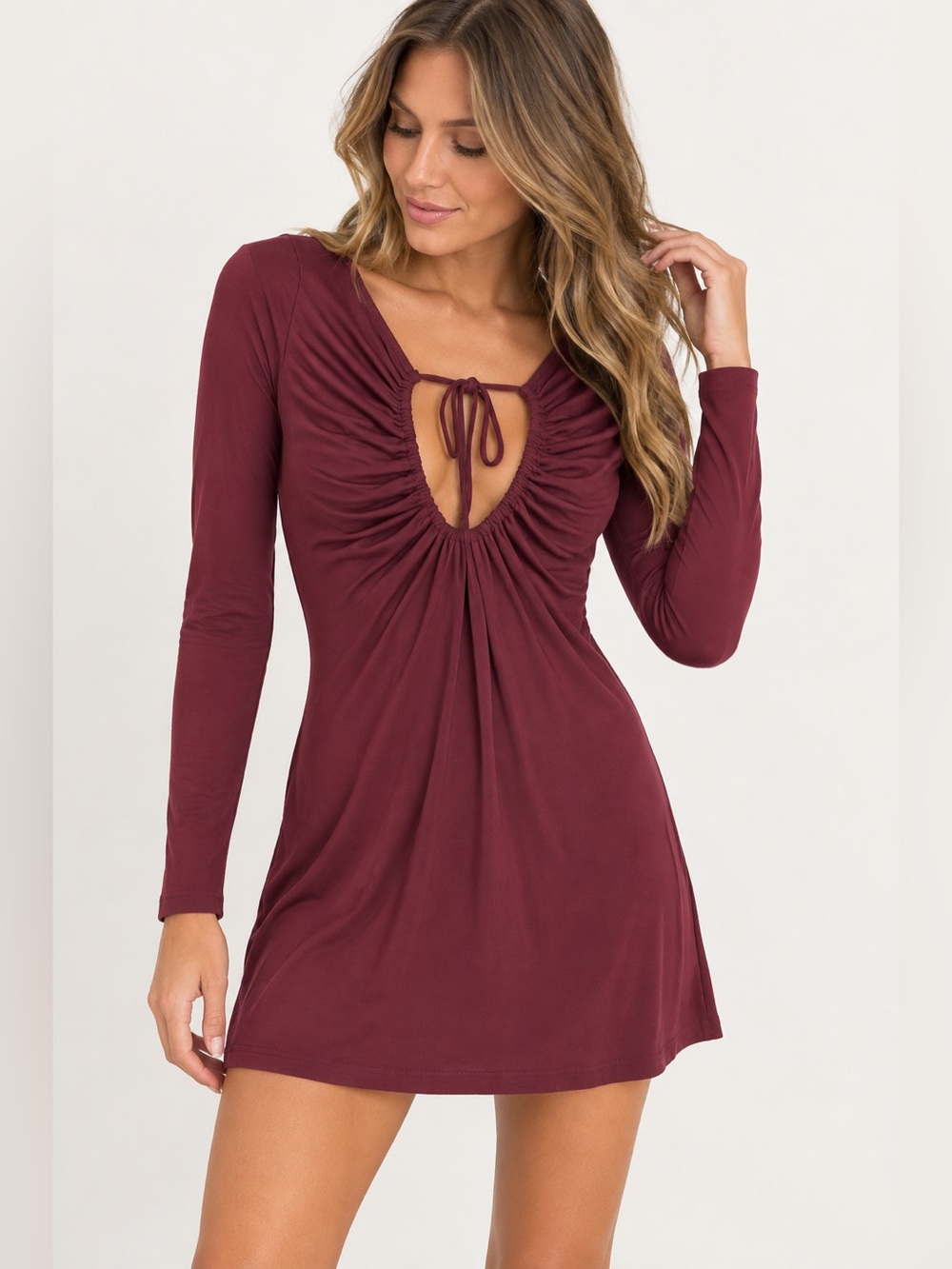 Princess Polly Angele Keyhole Long Sleeve Mini Dress Burgundy Size 8